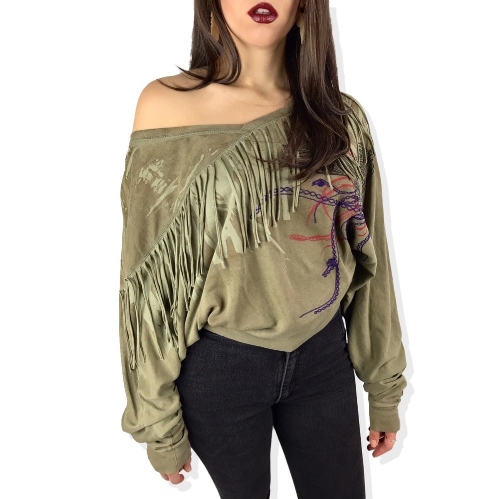 VTG DIESEL distressed green fringe sweater